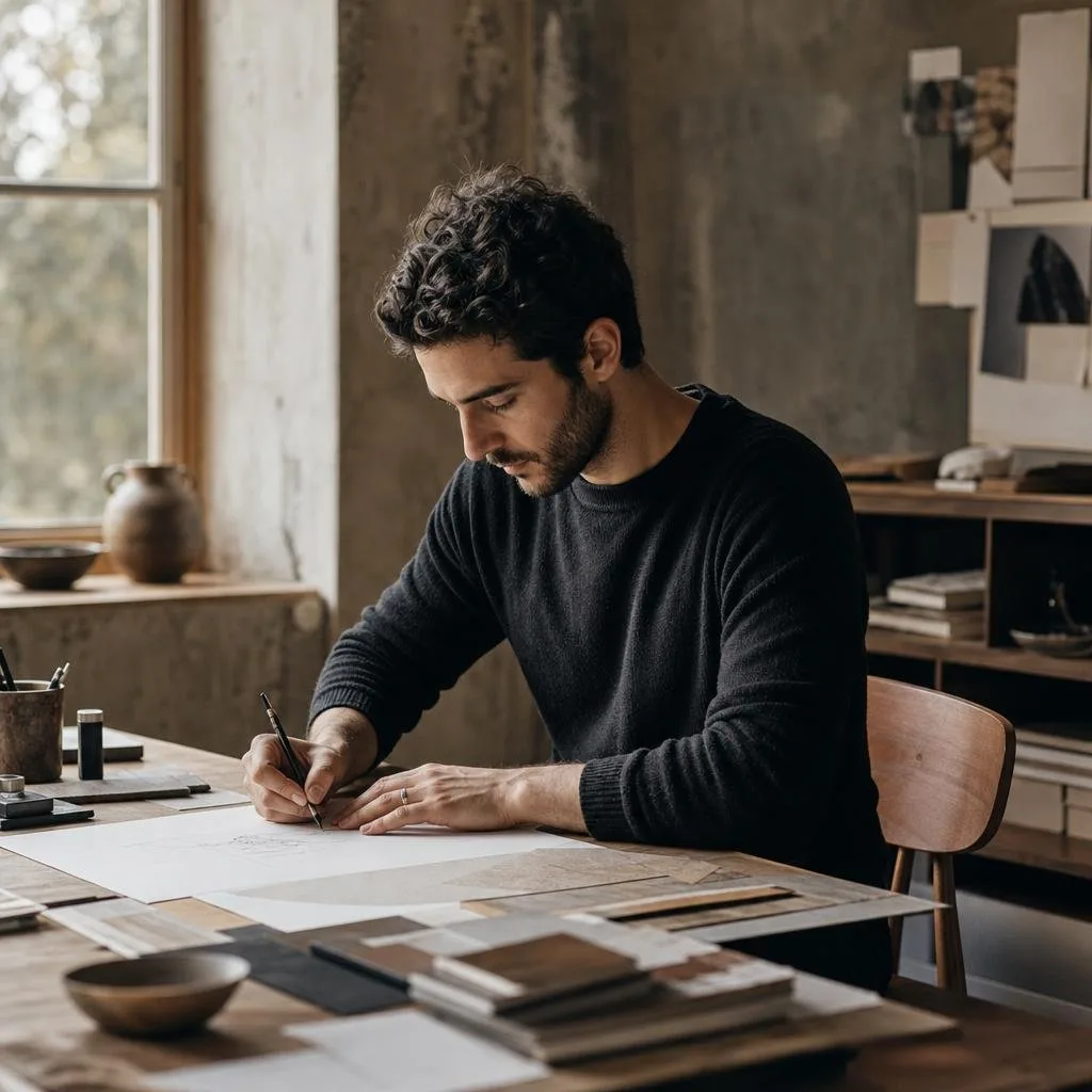 Designer at a desk reviewing logo sketches and color proofs