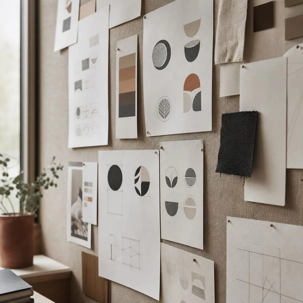Logo sketches and color swatches pinned to a studio wall