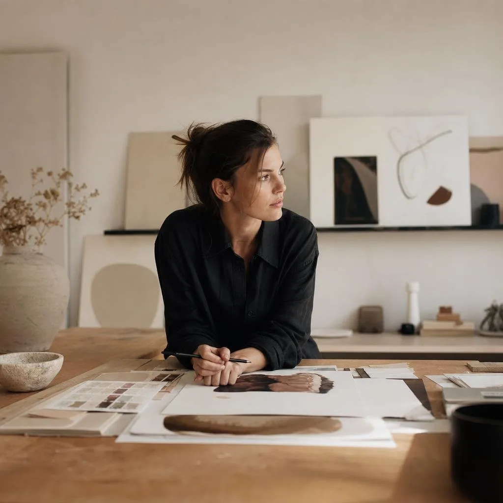 Calm, minimal design studio with prints, swatches, and natural light